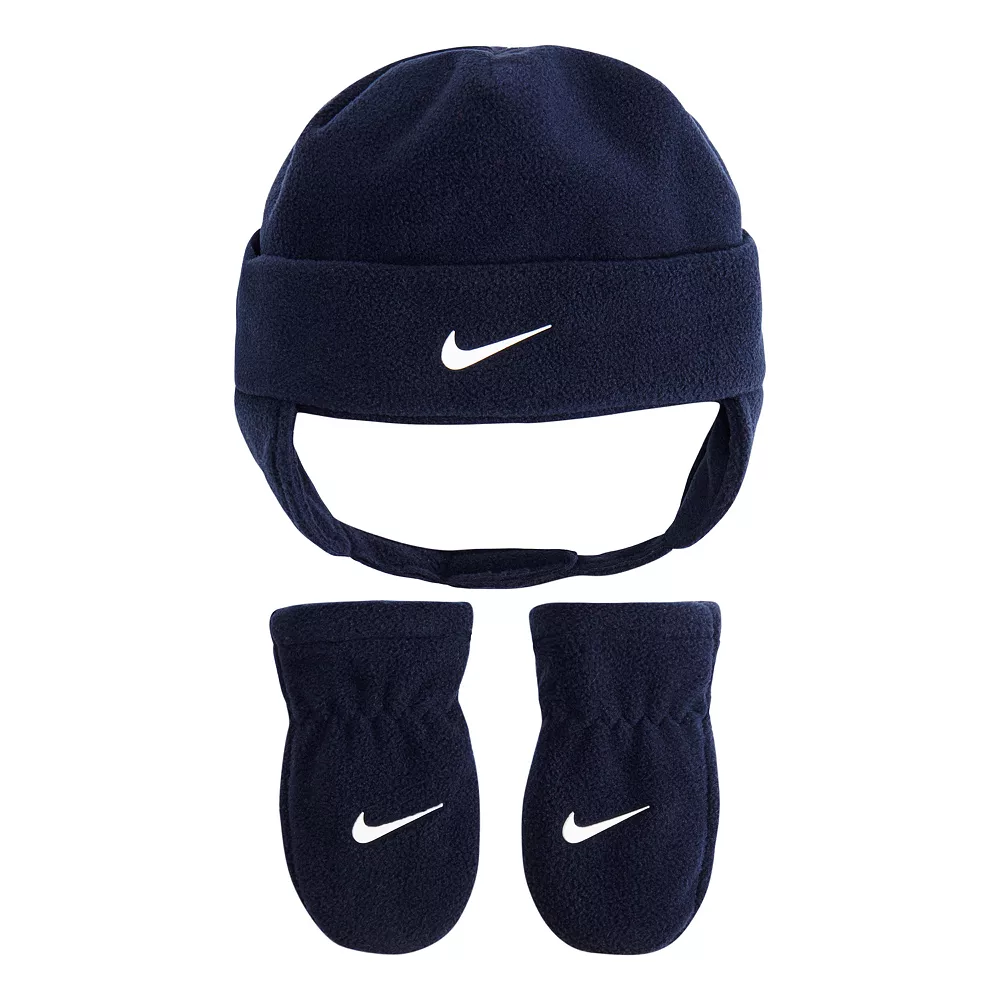 Baby Boy Nike Navy Blue Fleece Trapper Hat & Mittens Set