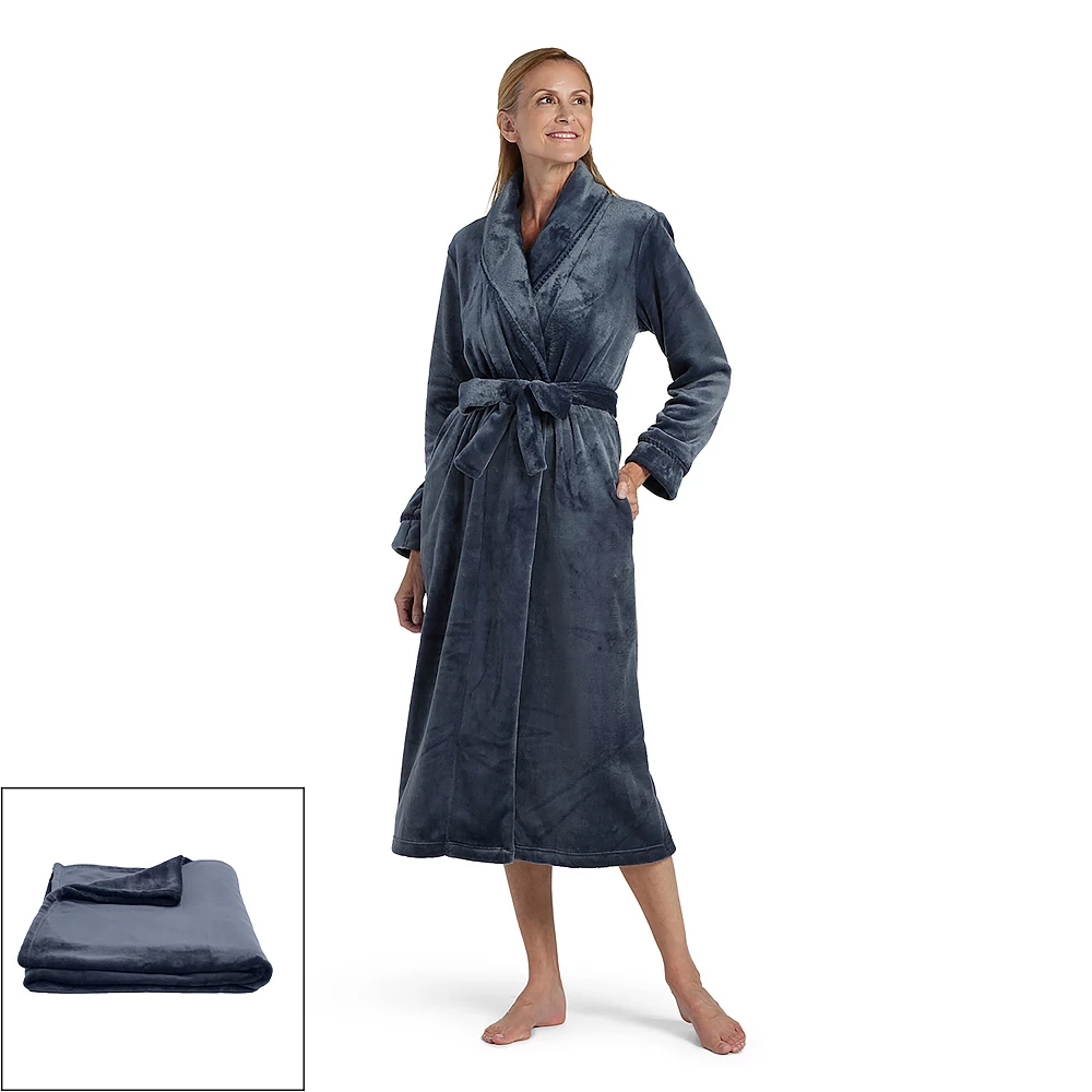 Plus Size Miss Elaine Essentials Fleece Long Wrap Robe with Matching Blanket - Image 2