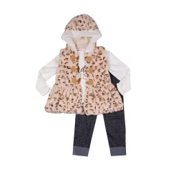 Baby Girl Little Lass Faux Fur Hooded Vest, Long Sleeve Tee, & Leggings Set