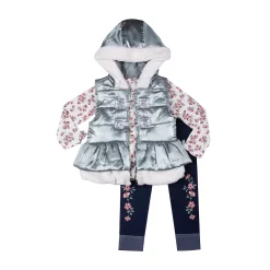 Toddler Girl Little Lass Metallic Puffer Vest, Floral Print Long Sleeve Tee, & Floral Leggings Set