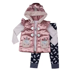 Toddler Girl Little Lass Unicorn Metallic Puffer Vest, Long Sleeve Tee, & Printed Leggings Set
